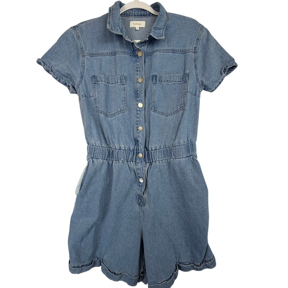 Bohme Trina Button Front Utility Denim Romper‎ Womens Size S Light Wash Blue